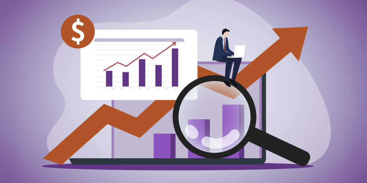 Magnifying glass analyze data on computer laptop.