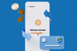 A graphic showing a money transfer happening on a mobile phone with coins behind it on a blue background.