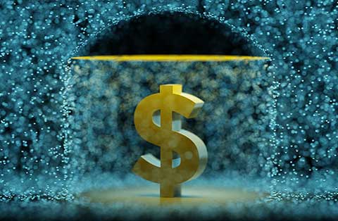 Yellow dollar sign with umbrella with rain falling around it.