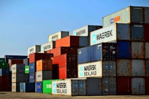 Cargo containers sitting on dock.